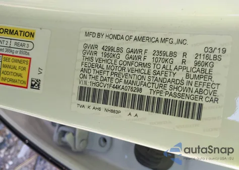 2019 Honda Accord Ex from USA, damaged, VIN 1HGCV1F44KA076298